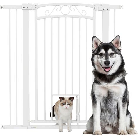 Cancelletto di sicurezza per interni per cani, con 2 estensioni da 76 a 104 cm e gattaiola, altezza 106 cm, ideale per corridoi e scale, bianco.