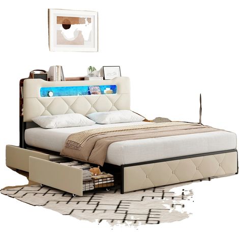 Estructura de cama tapizada en terciopelo, con cajones de almacenamiento, color beige, 160×200cm. (1/2)