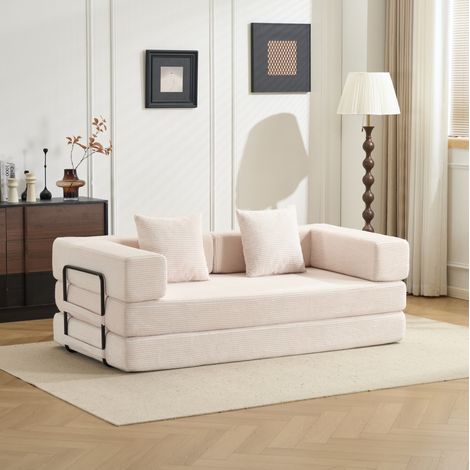 Canapé convertible 185x92,5x60 cm en tissu côtelé blanc, gain de place pour salon FloraGrace (1/5)
