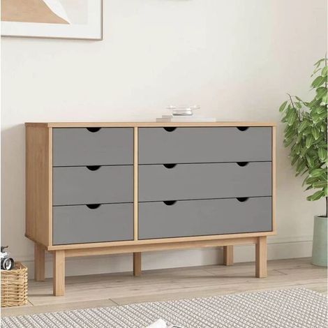 Commode OTTA Marron Et Gris 111 x 43 x 73,5 cm En Pin Massif, 6 Tiroirs (1/4)