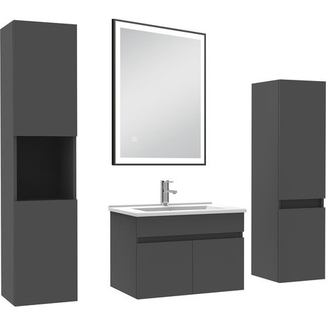 Océan Meuble simple vasque anthracite 60cm avec colonne et miroir lumineux 3 couleurs et dimmable (1/5)