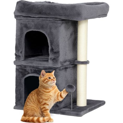 Arbre à chat gris foncé, tour de jeux pour chat avec 2 niches, plateforme et griffoirs en sisal, balle incluse, 45x40x66 cm. (1/5)