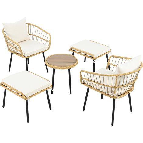 Ensemble lounge jardin 5 pièces en rotin naturel avec table, 2 chaises et 2 tabourets, structure en fer galvanisé (1/5)