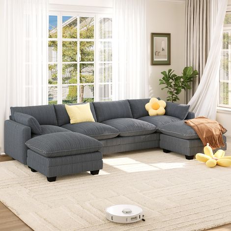 Sofá Esquinero en Forma de U Bealife Sofá Modular de Pana con Cojines de Asiento de Doble Capa Reposapiés Ajustable y 2 Reposabrazos para salon Estudio 319,5 x 141,5 x 91 cm Gris Oscuro (1/5)