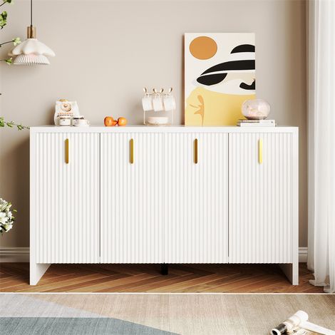 Buffet 140x80x38cm, avec 4 portes, poignées dorées et séparateurs réglables, design élégant, panneaux de particules, blanc (1/5)