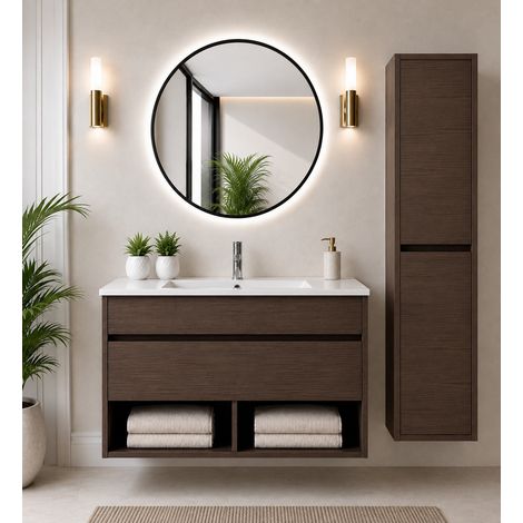 Mobile bagno sospeso con lavabo extrapiano ORIGENBATH NEBARI con cassetto senza specchio 70x45 cm frassino tea con colonna (1/5)