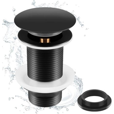Bonde universelle noire pour lavabo et vasque, sans trop-plein, mécanisme pop-up, kit de vidage évier, siphon inclus, fixation facile, format standard. (1/5)