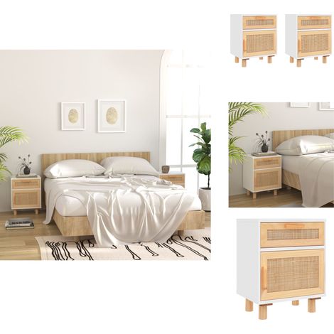 Nachttische 2 Stk. Weiß Massivholz Kiefer und Natur-Rattan - Nachttisch - Wohnzimmerdeko - Skandinavisches Design - Holzmöbel - Kiefernholz (1/5)