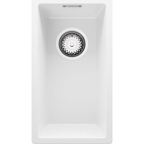 PRIMAGRAN Evier Cuisine en Granit 26x47cm, Lavabo 1 bac + Kit de Vidage, Évier à Encastrer au meuble 30cm - London Slim, Blanc (1/5)