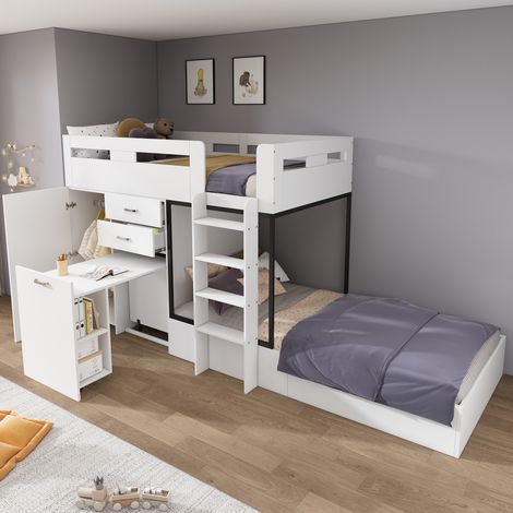 Cama litera infantil OKWISH con escritorio extraíble y armario, 90 x 200 cm, blanca (1/5)