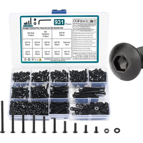 Kit de vis M3, 931 pièces de boulons à tête hexagonale intérieure, écrous et rondelles, Ensemble assorti de vis à filetage noir de première qualité (1/5)