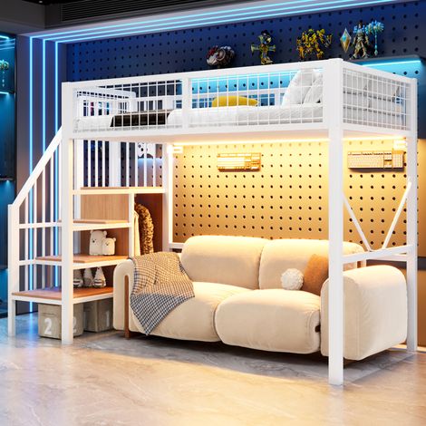 Lit mezzanine 90x200 cm avec échelle et rangement, lit surélevé avec éclairage LED et garde-corps en métal grillagé, structure métallique, blanc (1/5)