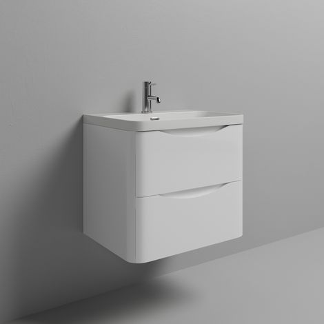 Vela Gloss White 600mm Wall Mounted 2 Drawer Vanity Unit with Fina Basin (1/5)