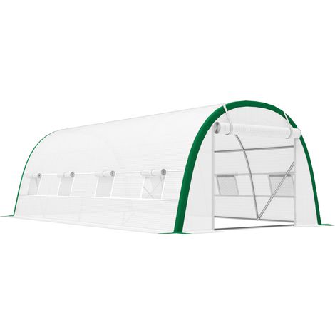 Serre tunnel, 18 m², dimensions 6 m x 3 m x 2 m – 8 fenêtres, porte enroulable avec fermeture éclair, acier galvanisé, bâche PE, blanche (1/5)
