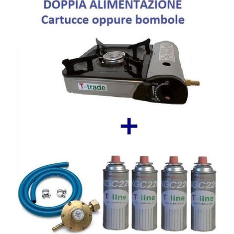 CUCINA GAS A VALIGIA + 4 CARTUCCE + KIT TUBO FORNELLO DOPPIO ALLACCIO / BOMBOLA (1/2)
