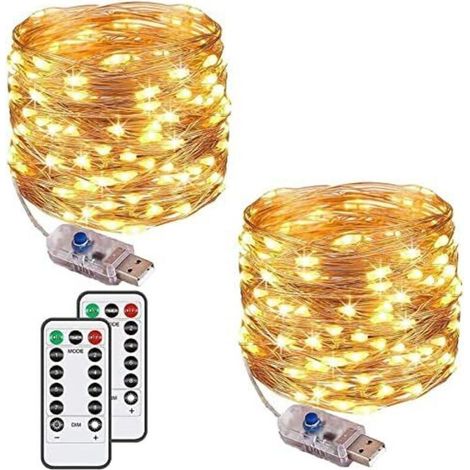 Bardusch - [Lot de 2] Guirlande Lumineuse 100 LED 10M 8 modes Alimenté par USB guirlande led IP65 pour l'extérieur et l'intérieur en cuivre avec minuterie à distance pour chambre, fête, Noël (blanc ch
