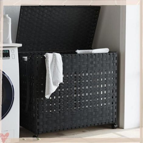 372047 Panier à linge avec roulettes noir 66x35x60 cm résine tressée (1/5)