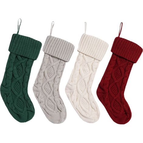 Chaussette De Noël - Tricotée En Acrylique - 46 Cm - Rouge Bordeaux Crème Gris - Pour Cheminée Arbre De Noël Escalier - Lot De 2