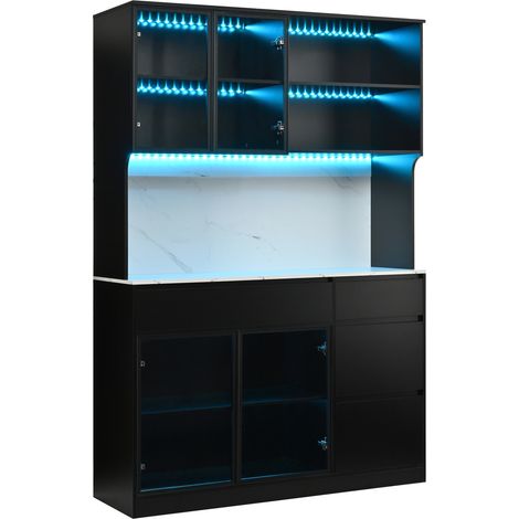 Hochschrank en MDF noir et blanc avec centre effet marbre, éclairage LED intégré, rangement multiple (1/5)