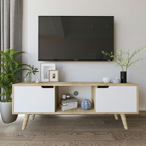 Petit meuble TV 2 portes blanches cadre effet bois clair MARFA (1/5)