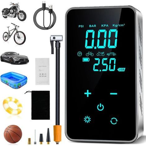 Lntyq Compresseur à Air Portatif, 150PSI Gonfleur Electrique Pneus, Pompe a Velo Electrique, Compresseur d'air Électrique de Pompe à Air Sans Fil avec Écran Tactile/Éclairage pour Moto Vélo Auto (1/5)