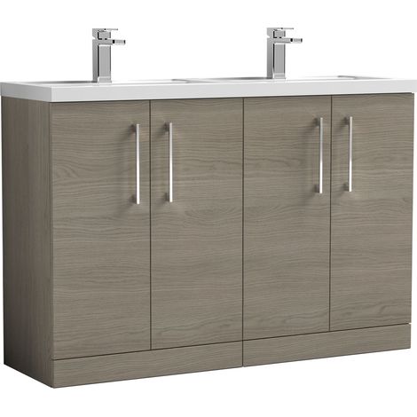 Balterley Bramshall 1200mm Floor Standing 4 Door Vanity Unit & Double Basin for Modern Bathroom Storage - Solace Oak