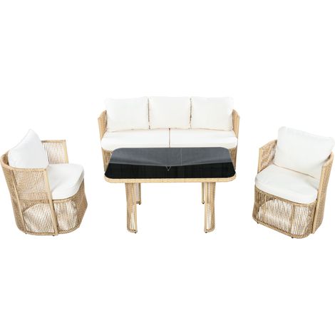 Conjunto de Jardín de 5 Plazas en Metal y Ratán PE con Mesa, Sofá, 2 Sillones y Cojines Gruesos, Beige (1/5)