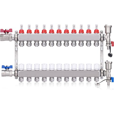 Kit Collecteur Radiateur, 11 Circuits Distributeur Chauffage, avec Eurocône 3/4 (20 x 2 mm), Vannes à Boisseau Sphérique 1", avec Purgeur Manuel et Débitmètre, Distributeur HKV