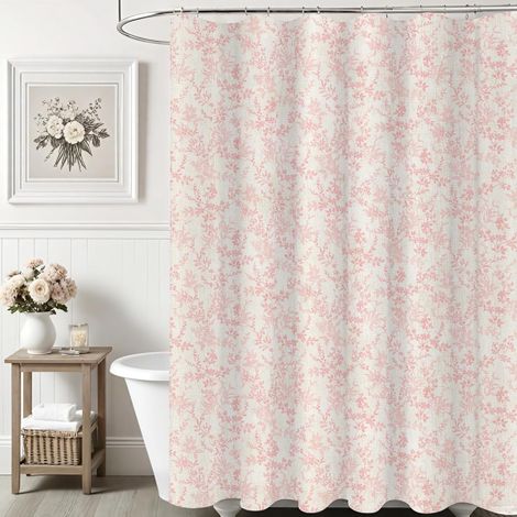 Rideau de Douche en Lin de Polyester Fleur Dense,Magnifique Fleurs Rideau Baignoire pour Déco Salle de Bain,180x180cm Tissu Chic Tissu Fleur Feuilles Rideaux de Douche et 12 Crochet,Rose (1/5)