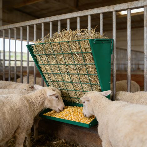 Mangeoire murale 2-en-1 chevaux/chèvres/moutons/vaches – Râtelier robuste acier galvanisé – Distance réglable – Réduit le gaspillage – Utilisation intérieure/supplémentaireérieure – Couleur : vert fon