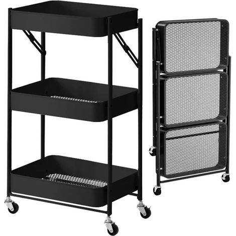 Carrello cucina Slim Pieghevole 3 Ripiani Metallo Trolley Servizio 4 Ruote Nero