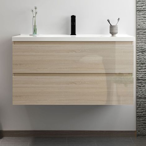 Acezanble – Ensemble de meubles salle de bain 100cm – Chêne Wotan brillant – 2 tiroirs avec fermeture automatique – Lavabo céramique à poser