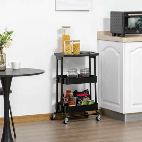 Servierwagen mit Rollen, 3-stöckiger Ablagewagen für Bad, Küche, Schlafzimmer, Büro, 46 x 34,5 x 76,5 cm, Schwarz (1/5)