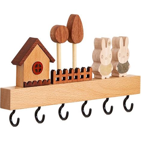 Schlüsselbrett aus Holz, 6 Haken mit vorgebohrtem und nagellosem Klebesystem für Flur, Schlafzimmer, Küche, zum Aufhängen von Küchenbesteck (1/4)