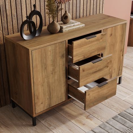 ELVMI Buffet et enfilade avec 2 Portes, 3 Tiroirs et Étagère Réglable, pour Salon, en Panneaux, 120×40×76 cm, Chêne Foncé
