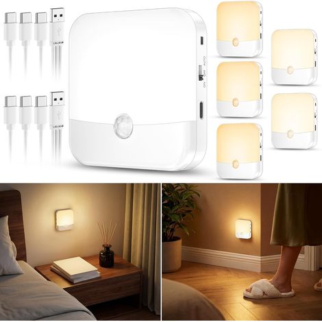 6Pcs Veilleuse LED Rechargeable avec Détecteur de Mouvement, Lampe Sans Fil pour Intérieur, Alimentation par Batteries, Éclairage Automatique pour Chambre, Couloir, Cuisine et Escalier (1/5)