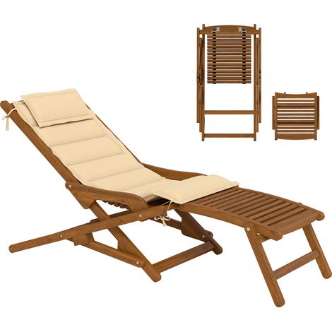 Bain de soleil, en bois, beige, 158 x 61 x 70 cm, 160 kg, avec repose-pieds, avec coussin, pour jardin terrasse piscine
