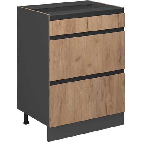 Meuble cuisine R-Line, Chêne de force doré, 60 cm J-Shape, avec tiroirs, sans plan de travail, Vicco