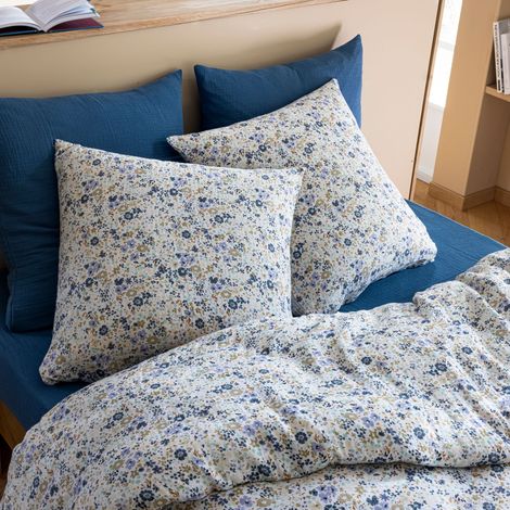 Parure de lit 140x200 gaze de coton à fleurs bleues Terre de Nuit