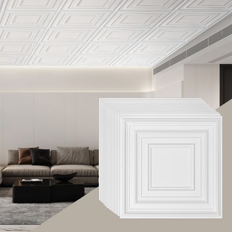 Dalles de Plafond PVC, Lot de 12, Tuiles de Plafond Plastique à Coller, 605x605 mm, Installation Découpe Facile, Revêtement de Plafond pour Décoration de Maison, Bureau, Design Texturé 3D, Blanc (1/5)