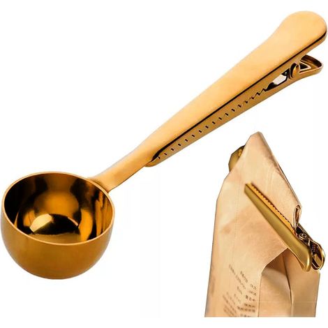 Cuillère Doseuse à Café Avec Clip Acier Inoxydable, CuillèRe à Café 2 En 1 Long Manche, CuillèRe à Mesurer Pour En Grains Thé Poudre De ProtéIne, Cuillere Doseuse (D'or) (1/5)