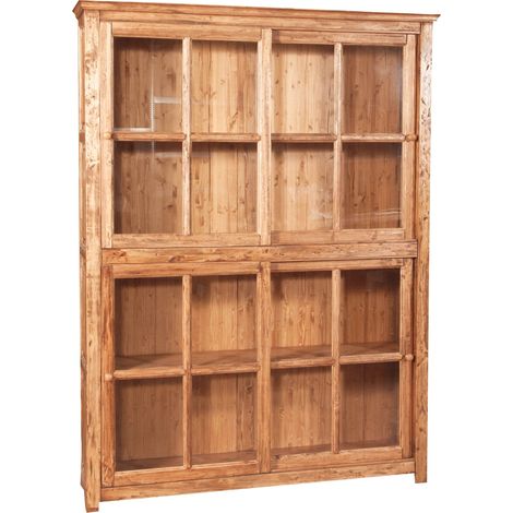 Biblioteca vitrina con puertas correderas en madera, sólido de tilo madera, acabado natural 154x37x212 cm (1/5)