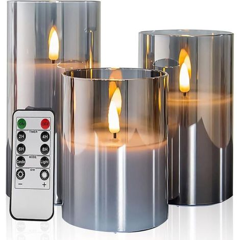 Set di 3 candele in vetro grigio senza fiamma, tremolanti, con telecomando, stoppino mobile, funzionamento a batteria, luce (1/4)