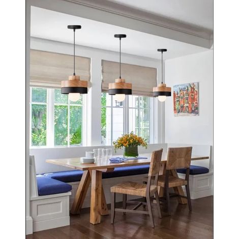 3pcs Lustre Moderne en Cylindrique Bois 18cm,Lampe Suspension Vintage Industriel E27 Luminaire Plafonnier Style Nordique,Noir (1/5)