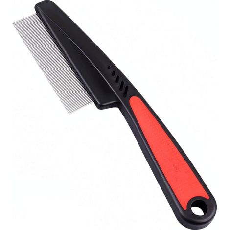 Peigne anti-puces avec manche en caoutchouc, peigne de toilettage à dents fines pour chiens et chats (rouge) (1/5)