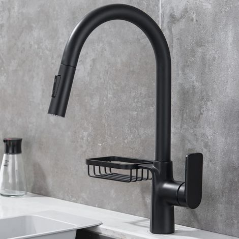 Robinet de cuisine à douchette extractible, bec pivotant à 360°, robinet d'évier avec 2 modes de sortie d'eau, mitigeur eau chaude/eau froide à poignée unique, noir (Couleur : Noir) (1/5)