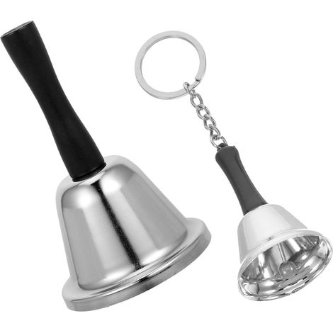 Juego de 2 campanillas de servicio de acero inoxidable plateado, 75 mm/38 mm, llaveros, sonido nítido, para oficina/aula/catering.