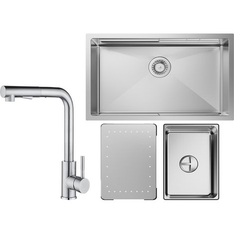 Cecipa Lavello Cucina 1 Vasca 70×44×21CM Lavello Incasso Acciaio Inox Spazzolato con Gocciolatoio e Vasca + Miscelatore Cucina Spazzolato con Doccetta Estraibile (1/5)