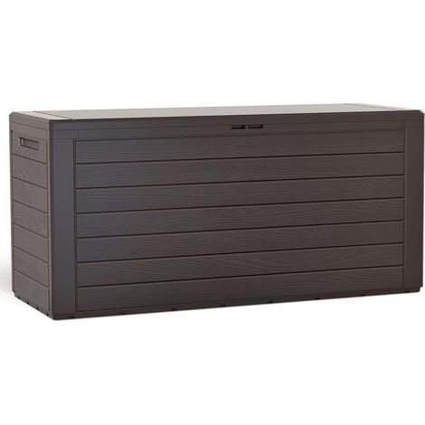 Coffre de Rangement Jardin XL 280 litres 116 x 44 x 55 CM avec Poignées Coffre à Coussins en Polypropylène Style Bois Malle de Rangement Extérieur Résistante Fabriqué en Europe Marron (1/5)
