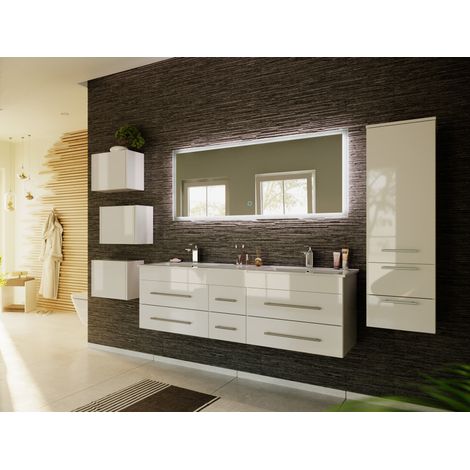 Badmöbelset Roma XL 4-teilig LED-Spiegel Seitenschrank 3er Boxen weiss hochglanz